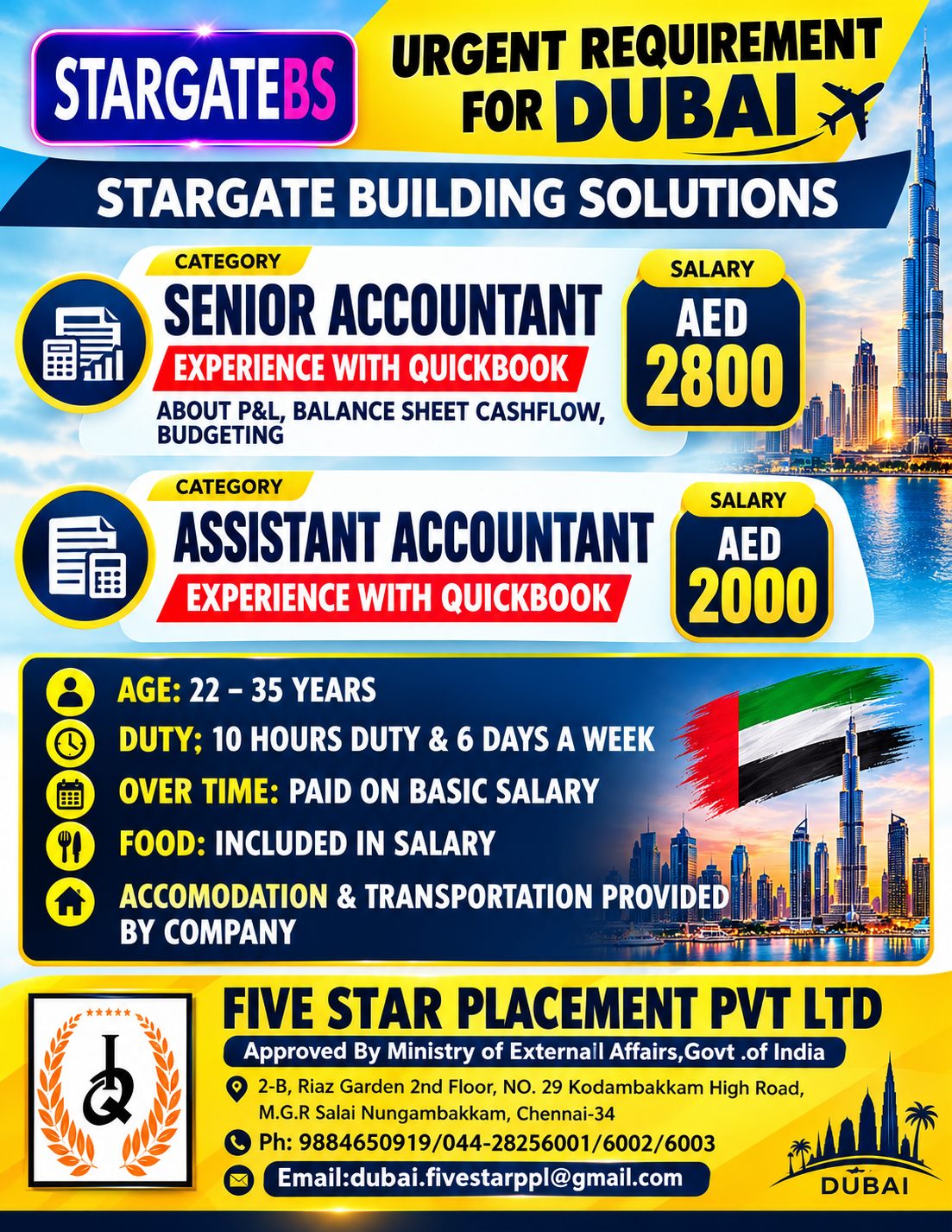 URGENT REQUIREMENT  FOR DUBAI — Five Star Placement Pvt Ltd, UAE