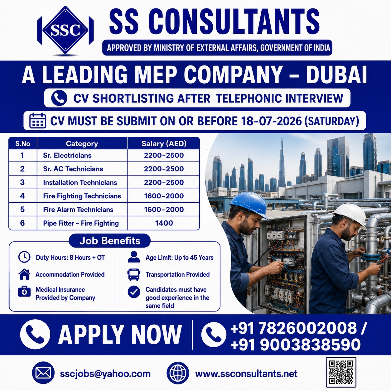 MEP Technicians - Dubai — SS Consultants, Madurai, United Arab Emirates, United Arab Emirates