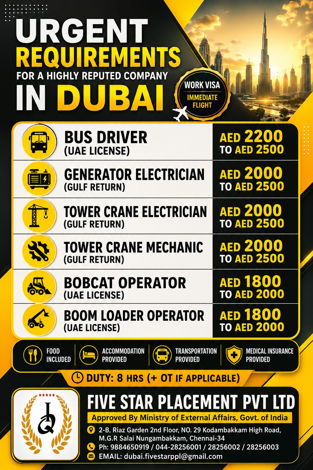 URGENT REQUIREMENTS FOR A HIGHLY REPUTED COMAPANY IN DUBAI-WORK VISA /IMMEDIATE FLIGHT
