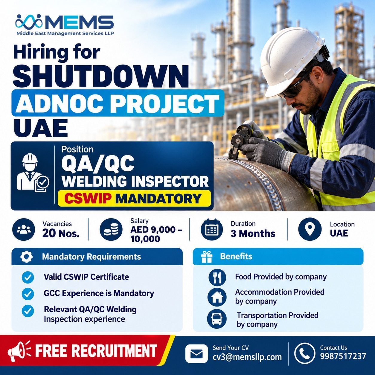 🚨 URGENT HIRINGQA/QC Welding Inspector for  SHUTDOWN ADNOC PROJECT, UAE