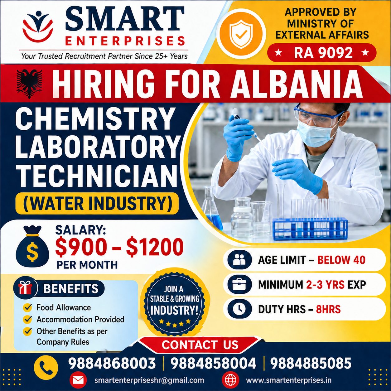 Chemistry Laboratory Technician (Water Industry) — smartenterpriseshr@gmail.com, ALBANIA