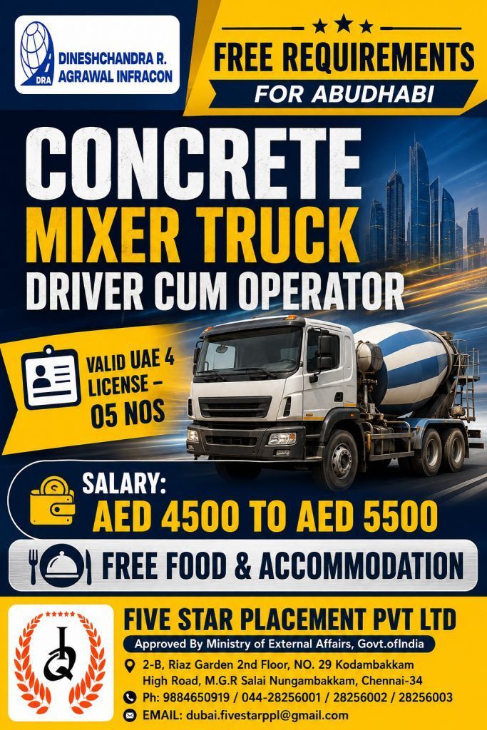 CONCRETE MIXER TRUCK DRIVER CUM OPERATOR FREE REQUIREMENTS FOR ABUDHABI — Five Star Placement Pvt Ltd, UAE, UAE