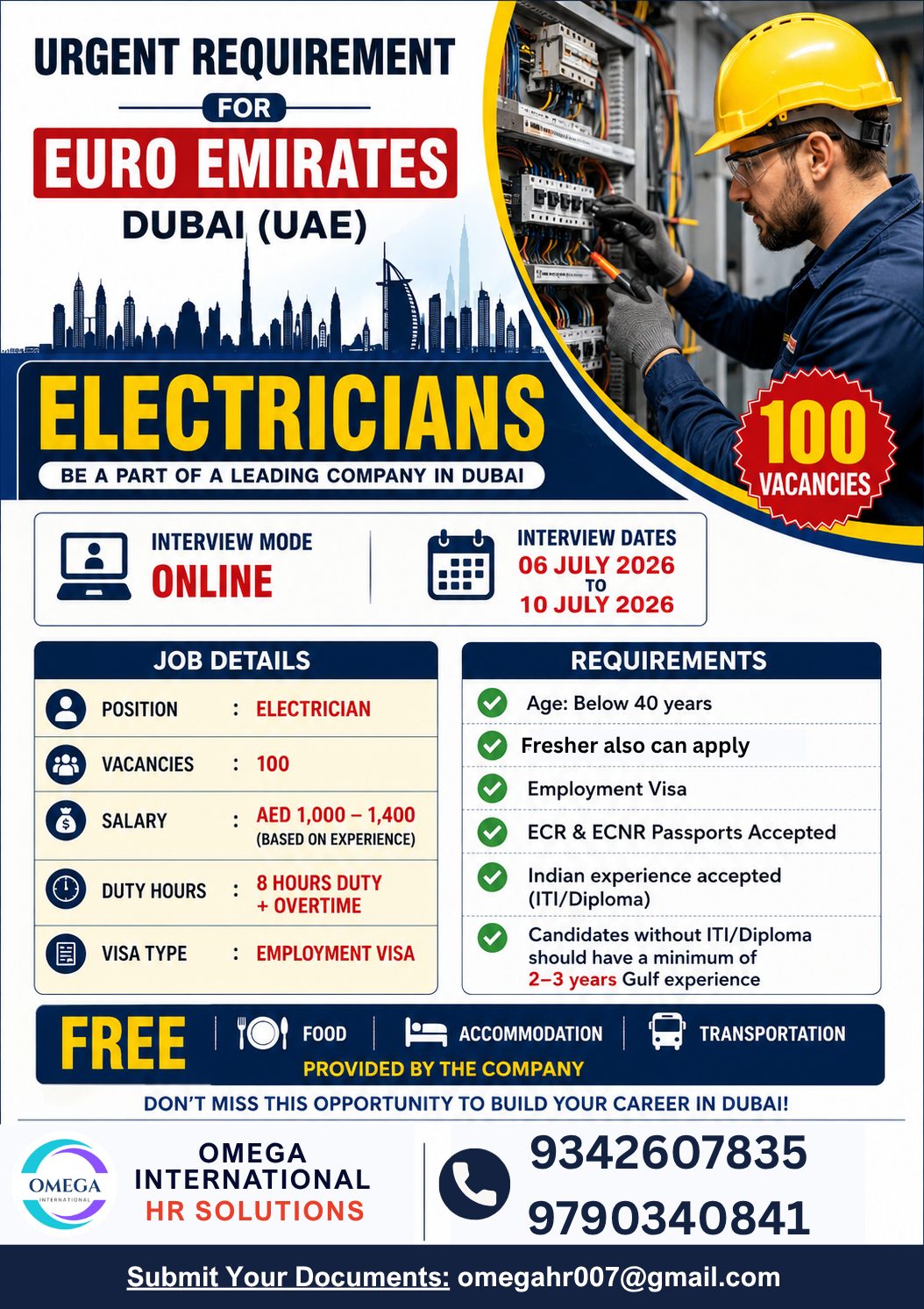 URGENT REQUIREMENT FOR EURO EMIRATES — OMEGA INTERNATIONAL HR SOLUTIONS, DUBAI, DUBAI