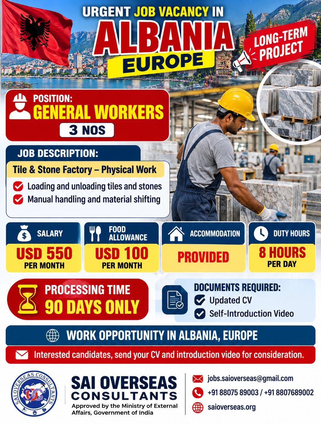 🇦🇱 URGENT JOB VACANCY IN ALBANIA – EUROPE 🇦🇱 — Sai Overseas Consultants, ALBANIA - EUROPE