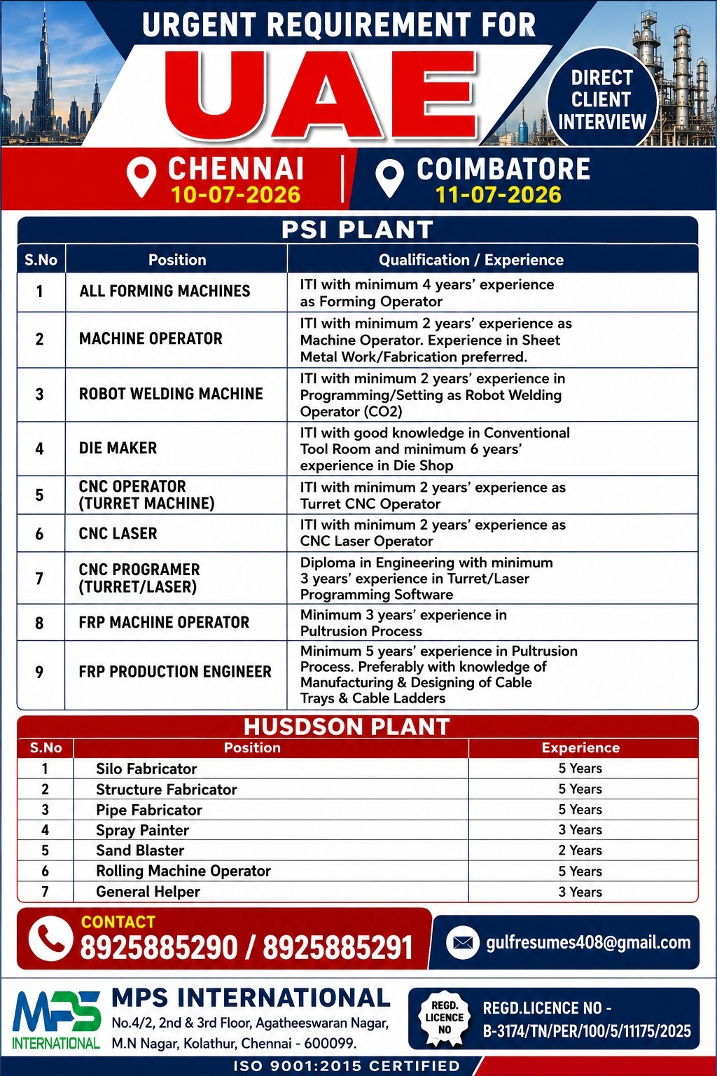 Urgent Requirement for UAE - PSI Plant & HUDSON Plant — MPS INTERNATIONAL, UAE, UAE