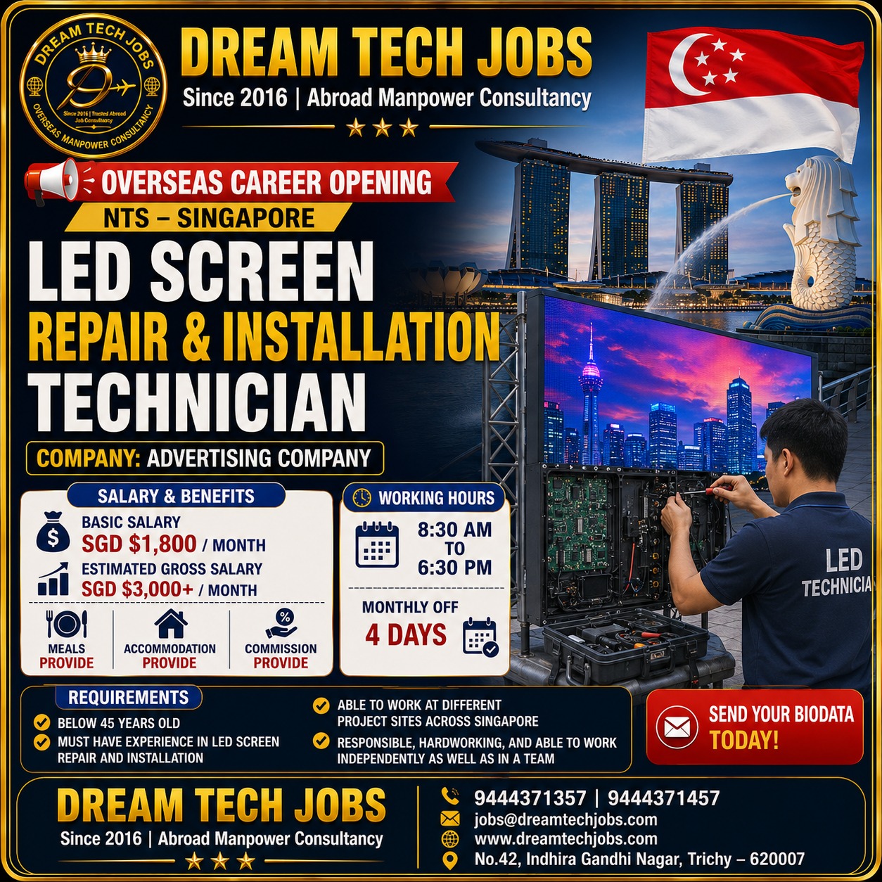 LED Screen Repair & Installation Technician — DREAM TECH JOBS -TRICHY, Singapore, Singapore