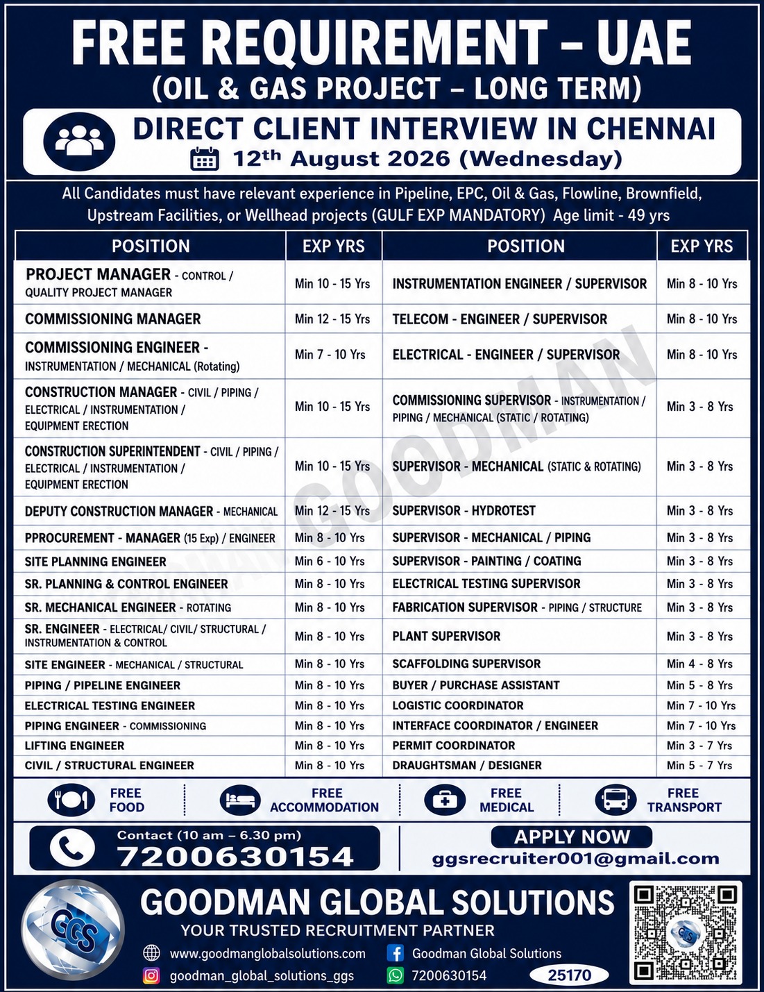 FREE REQUIREMENT-UAE- LONG TERM DIRECT CLIENT INTERVIEW IN CHENNAI @ 12-08-2026 — GOODMAN GLOBAL SOLUTIONS, uae, uae