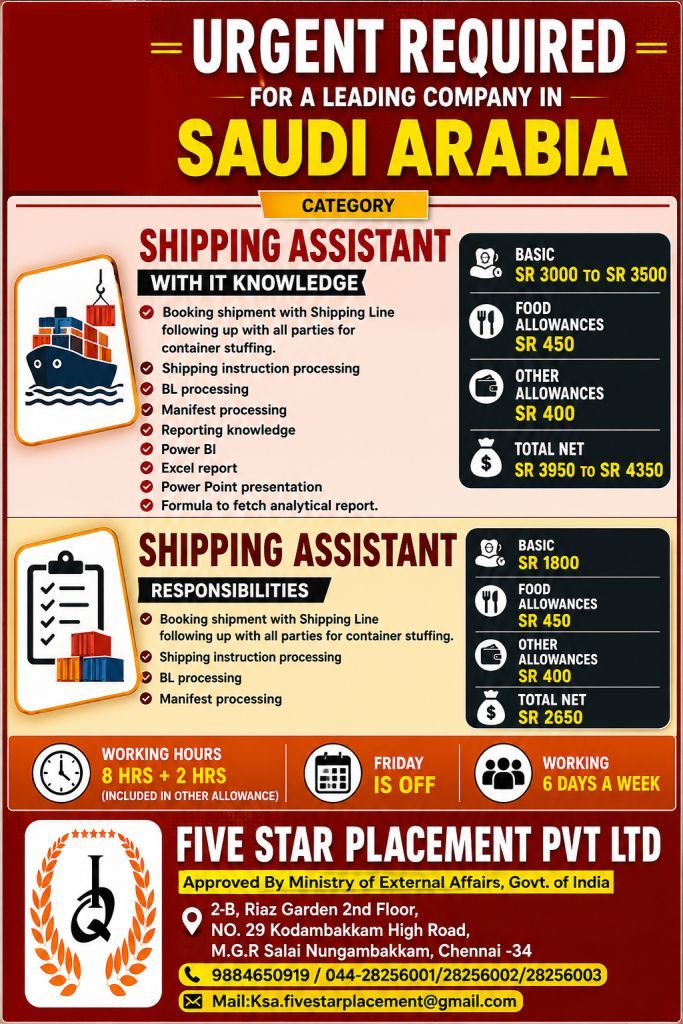 URGENT REQUIRED FOR A LEADING  SHIPPING COMPANY IN KSA — Five Star Placement Pvt Ltd, SAUDI ARABIA, SAUDI ARABIA
