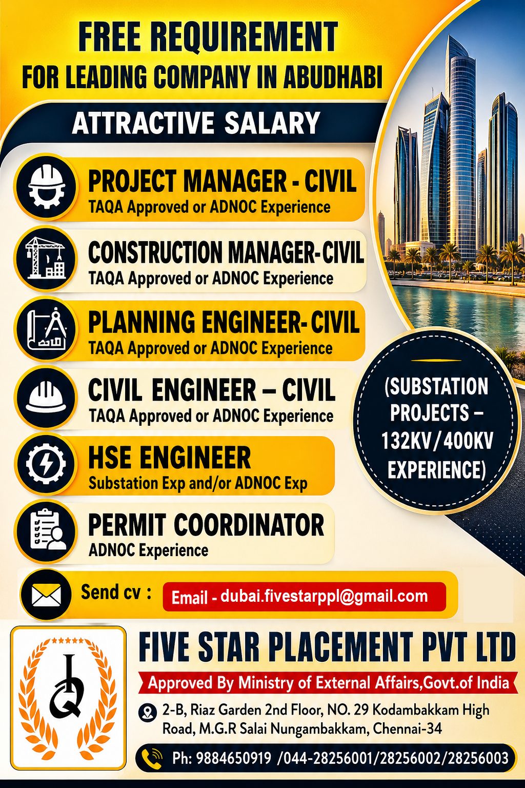 FREE REQUIREMENT  FOR LEADING COMPANY IN ABUDHABI