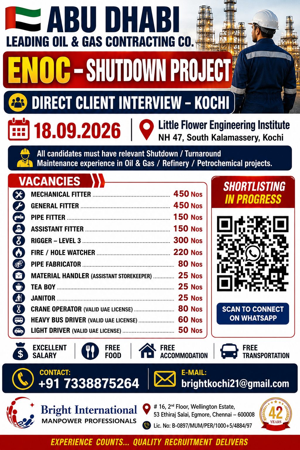 INTERVIEW AT KOCHI - FREE REQUIREMENT — Bright International, Chennai, ABU DHABI