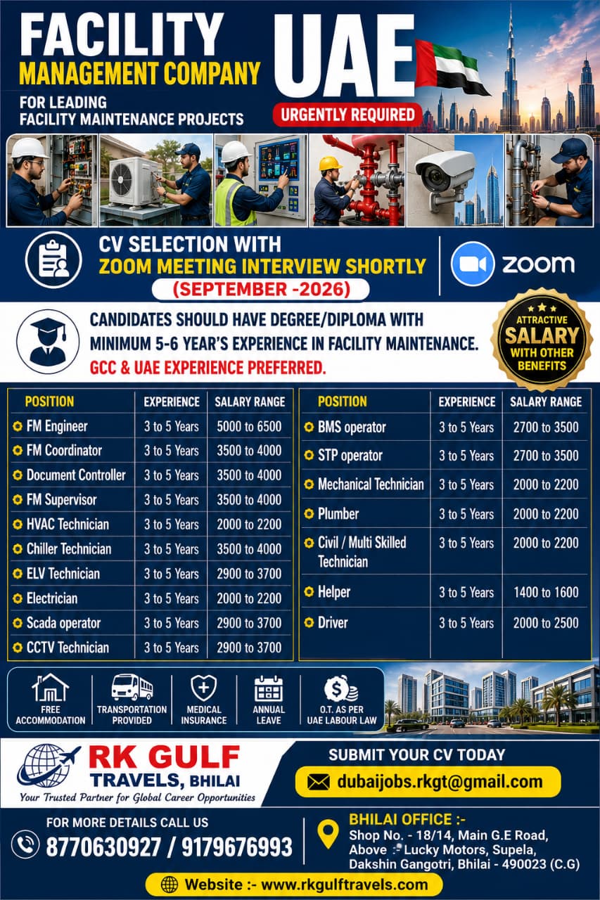 HIRING FOR A LEADING FACILITY MANAGEMENT COMPANY – DUBAI (UAE). — RK GULF TRAVELS,BHILAI, DUBAI (UAE)