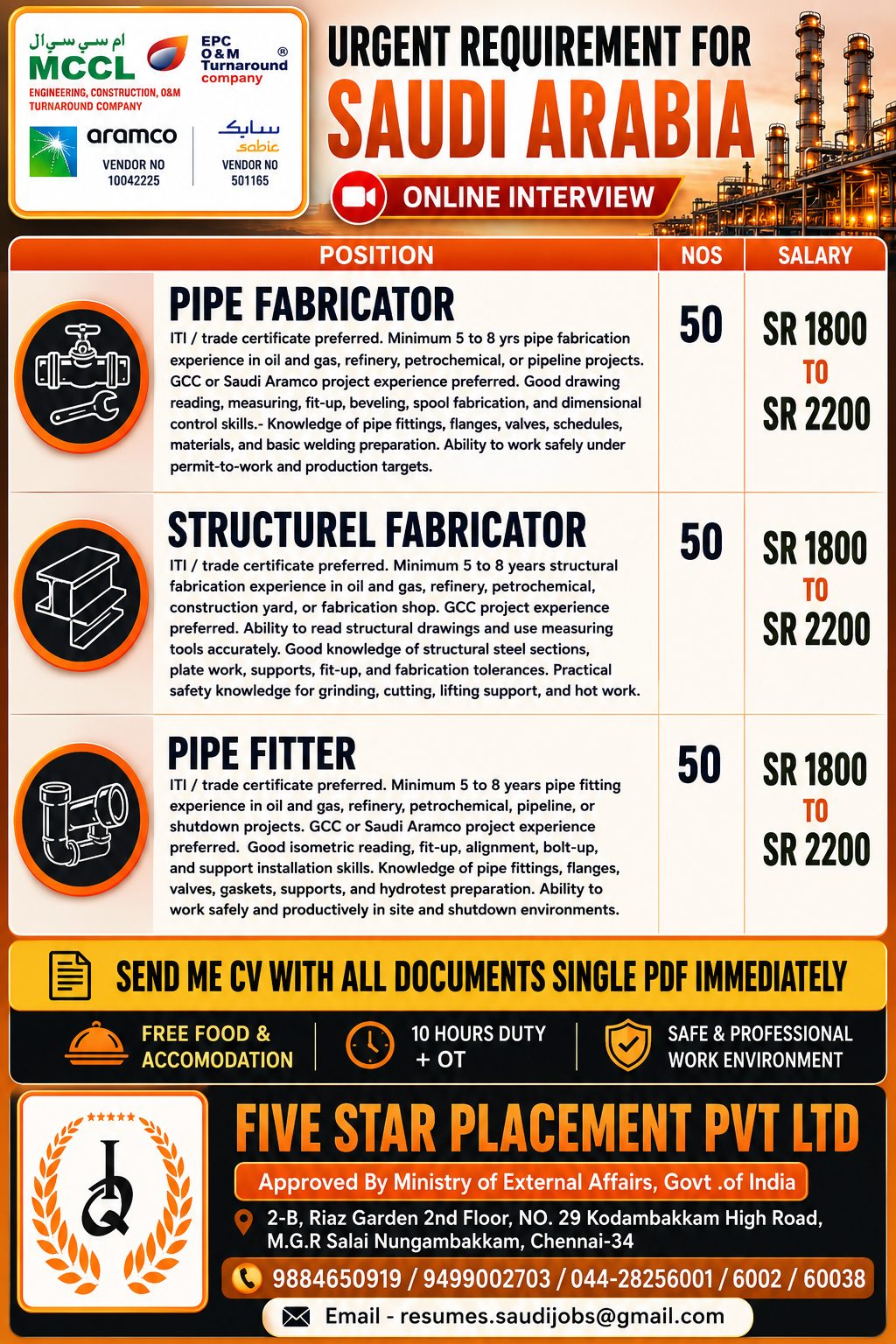 URGENT REQUIREMENT FABRICATOR  IN SAUDI ARABIA — Five Star Placement Pvt Ltd, SAUDI ARABIA, SAUDI ARABIA