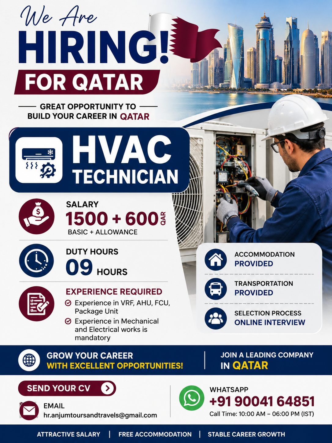 HVAC Technician — Anjum Tours And Travels, Qatar
