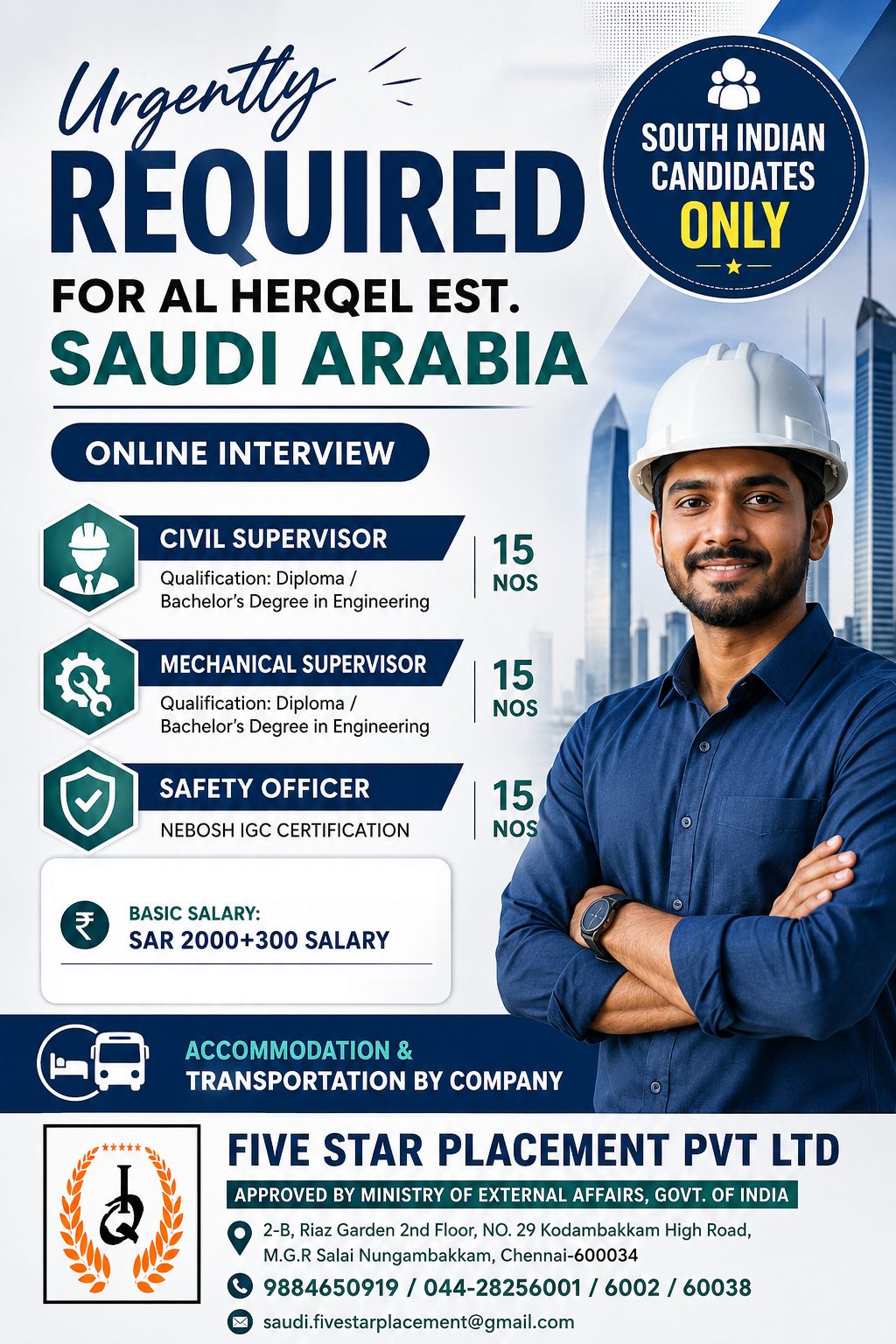URGENT REQUIRED FOR A LEADING COMPANY IN KSA — Five Star Placement Pvt Ltd, SAUDI ARABIA