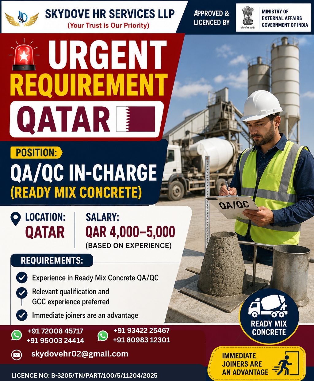 QA/QC In-Charge (Ready Mix Concrete) — SKY DOVE HR SERVICES LLP, Qatar, Qatar