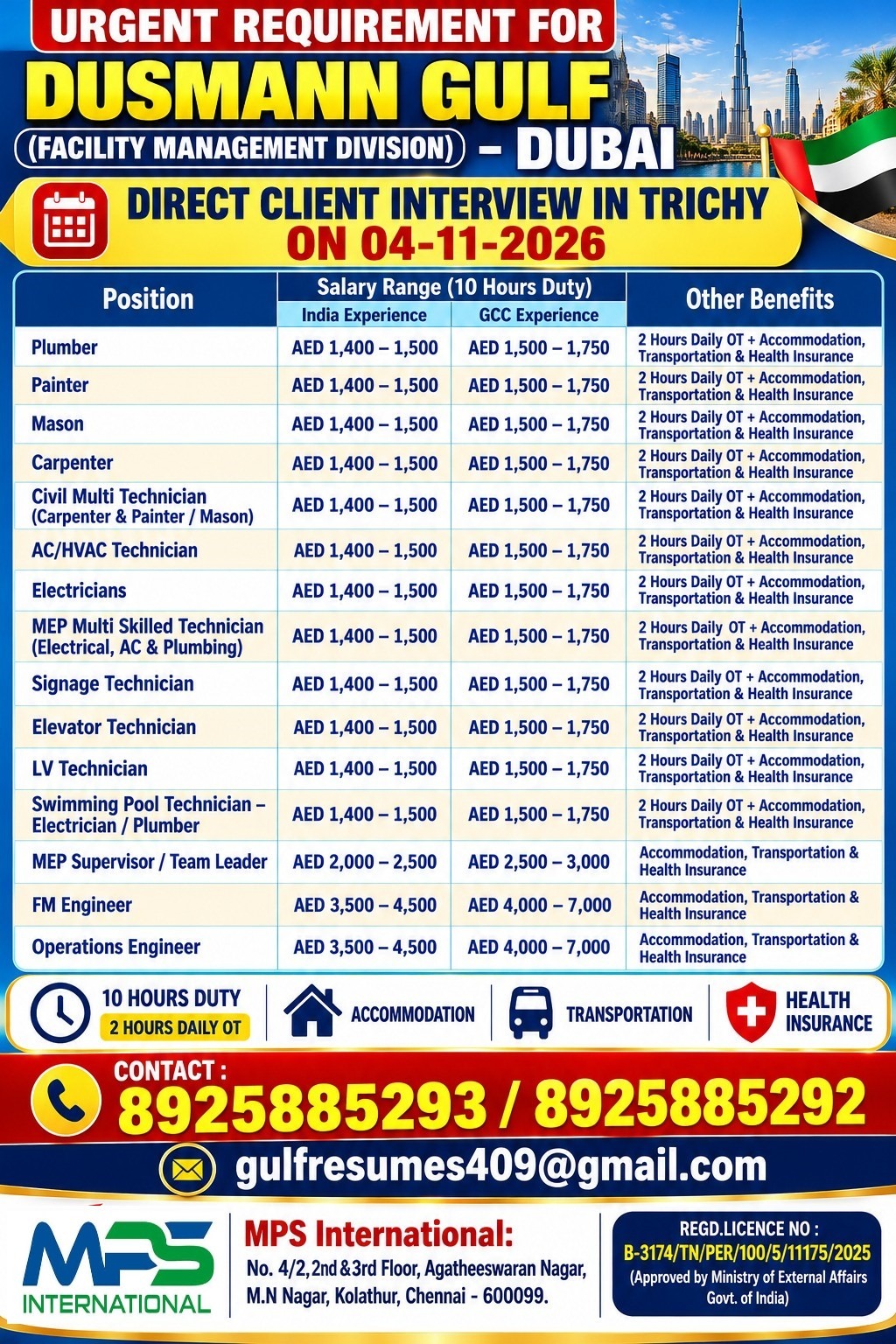 Urgent Requirement for Dusmann Gulf - Facility Management Division