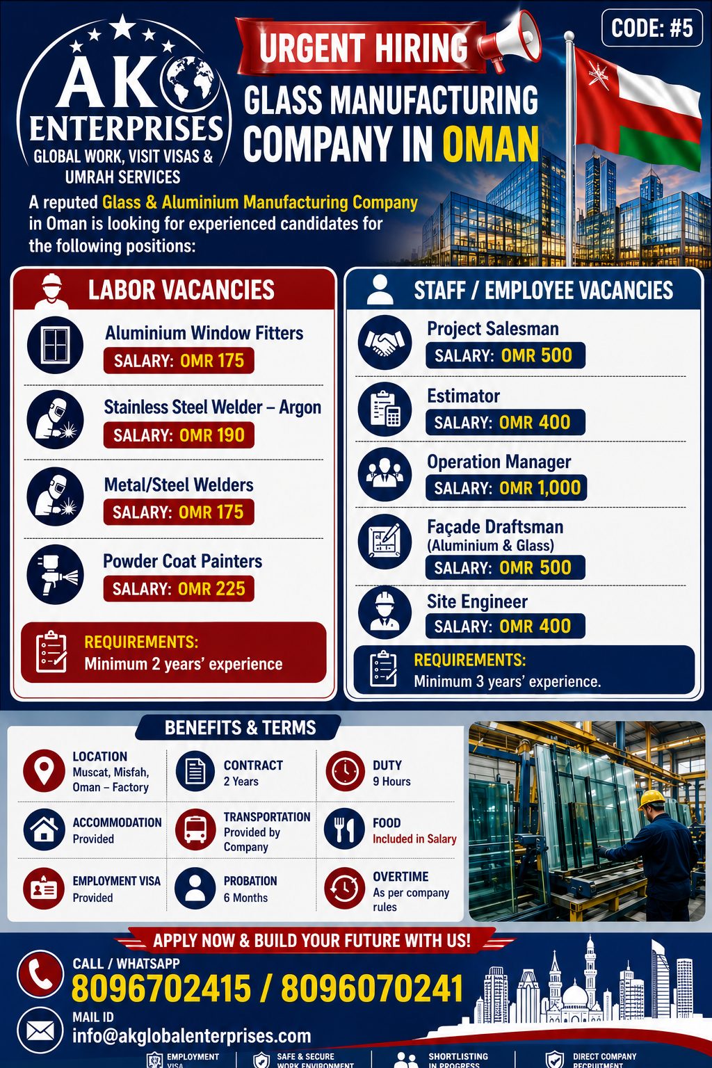 URGENT HIRING – GLASS MANUFACTURING COMPANY IN OMAN- Multiples Vacancies
