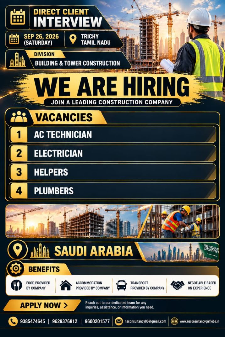 Saudi Arabia Construction Jobs – AC Technician, Electrician, Helper & Plumber | Direct Interview