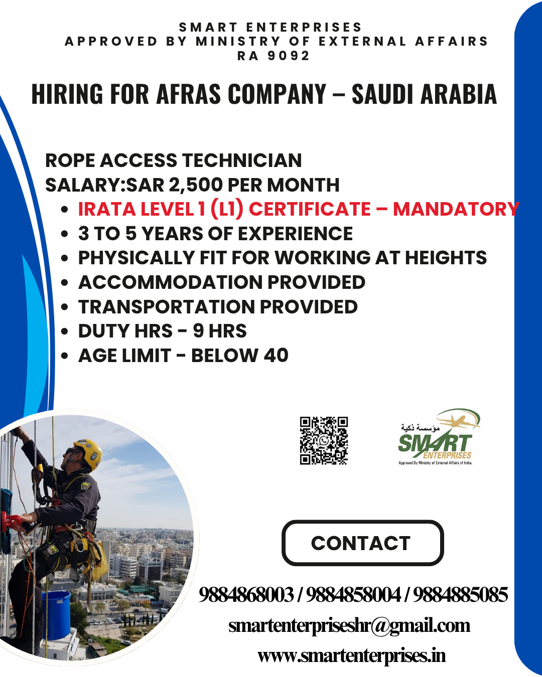 Rope Access Technician — smartenterpriseshr@gmail.com, SAUDI ARABIA