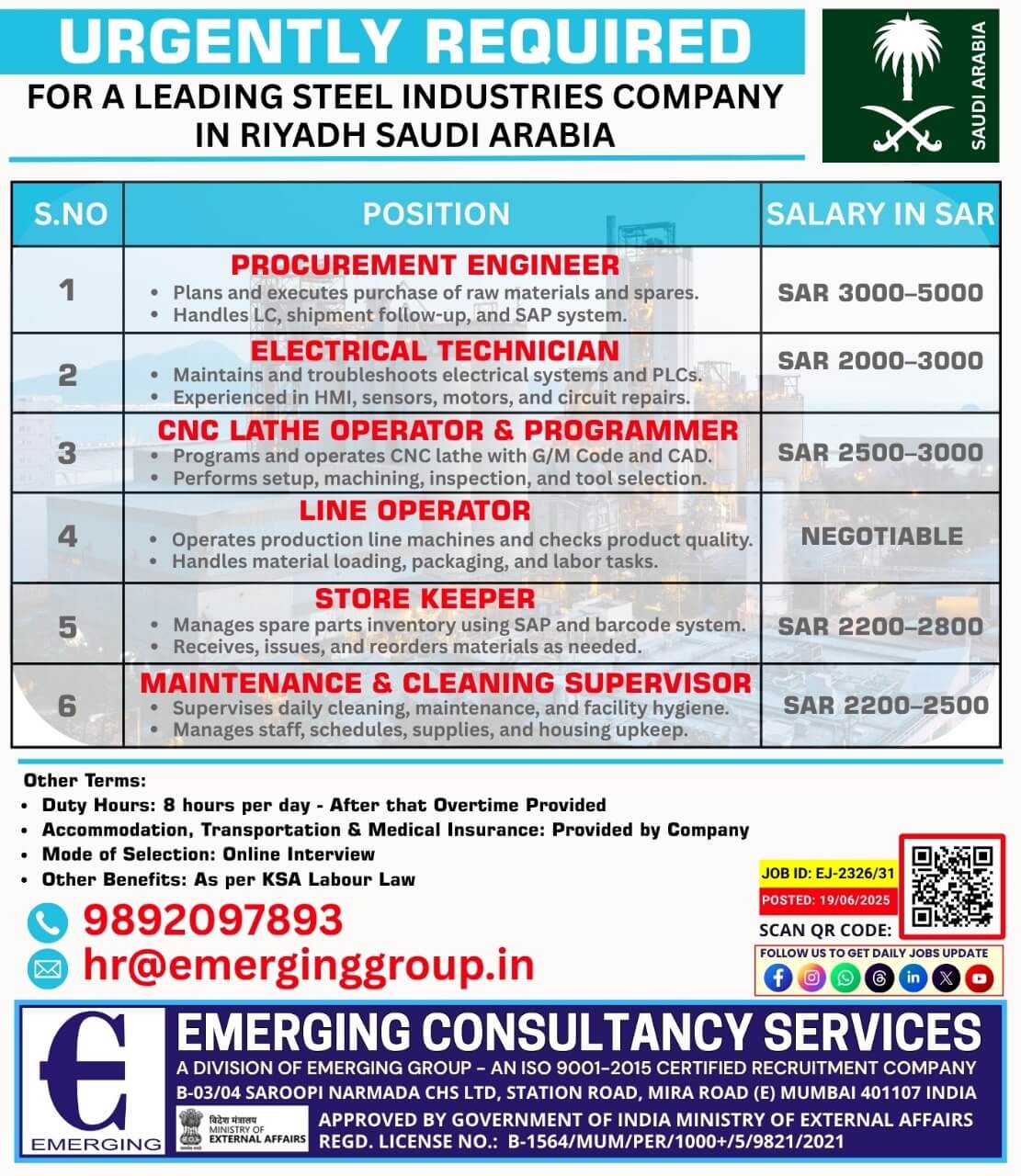 URGENT REQUIREMENTS  STEEL INDUSTRY PROJECT  RIYADH, SAUDI ARABIA