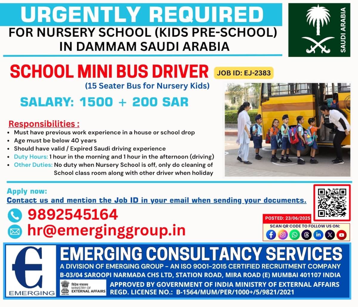 URGENTLY REQUIRED  MINI SCHOOL BUS DRIVER FOR NURSERY (KIDS  PRE-SCHOOL), DAMMAM  SAUDI ARABIA