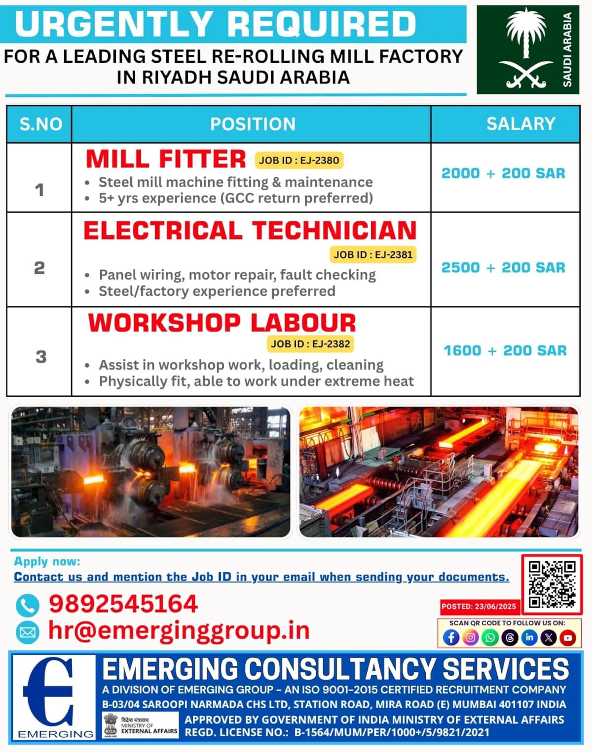 URGENTLY REQUIRED  LEADING STEEL RE-ROLLING MILL FACTORY  RIYADH ??