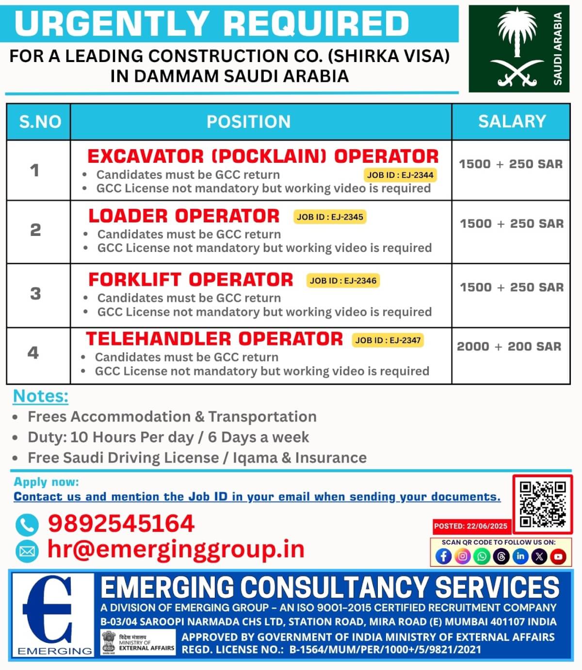 URGENTLY REQUIRED FOR A LEADING CONSTRUCTION COMPANY (SHIRKA VISA)  SAUDI ARABIA