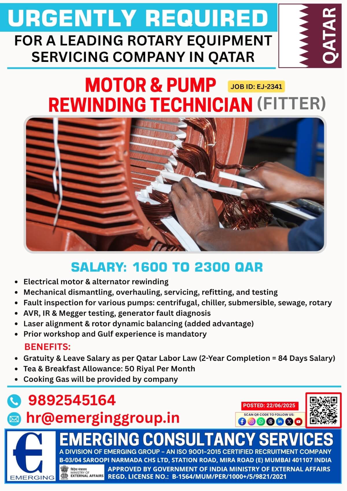 Urgently Required  Motor & Pump Rewinding Technician for Qatar