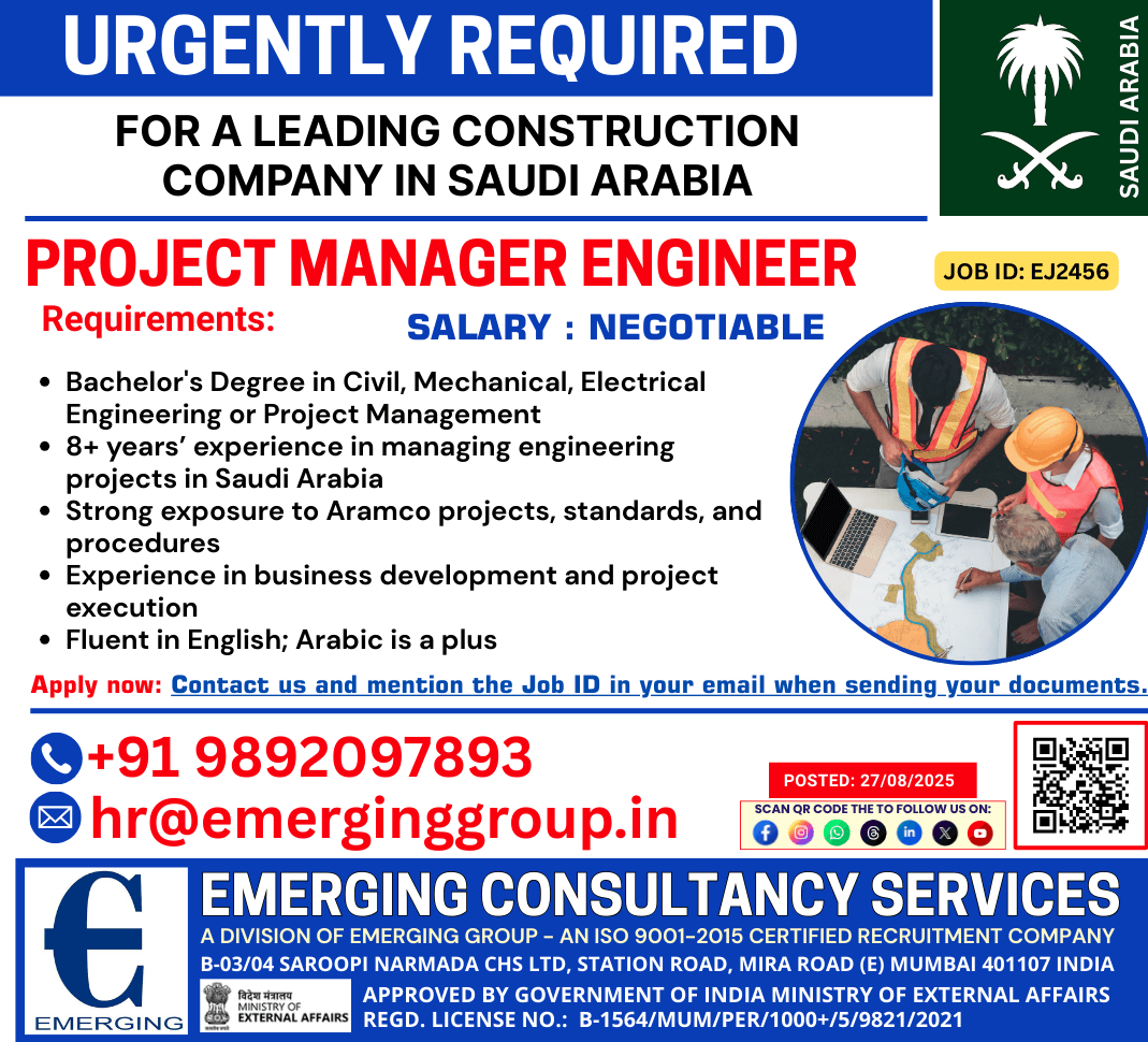 URGENTLY HIRING: Project Manager Engineer  Leading Construction Company  Saudi Arabia