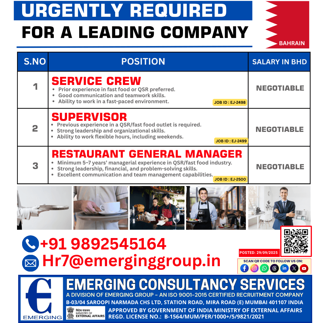 URGENT VACANCIES  FAST FOOD/QSR INDUSTRY