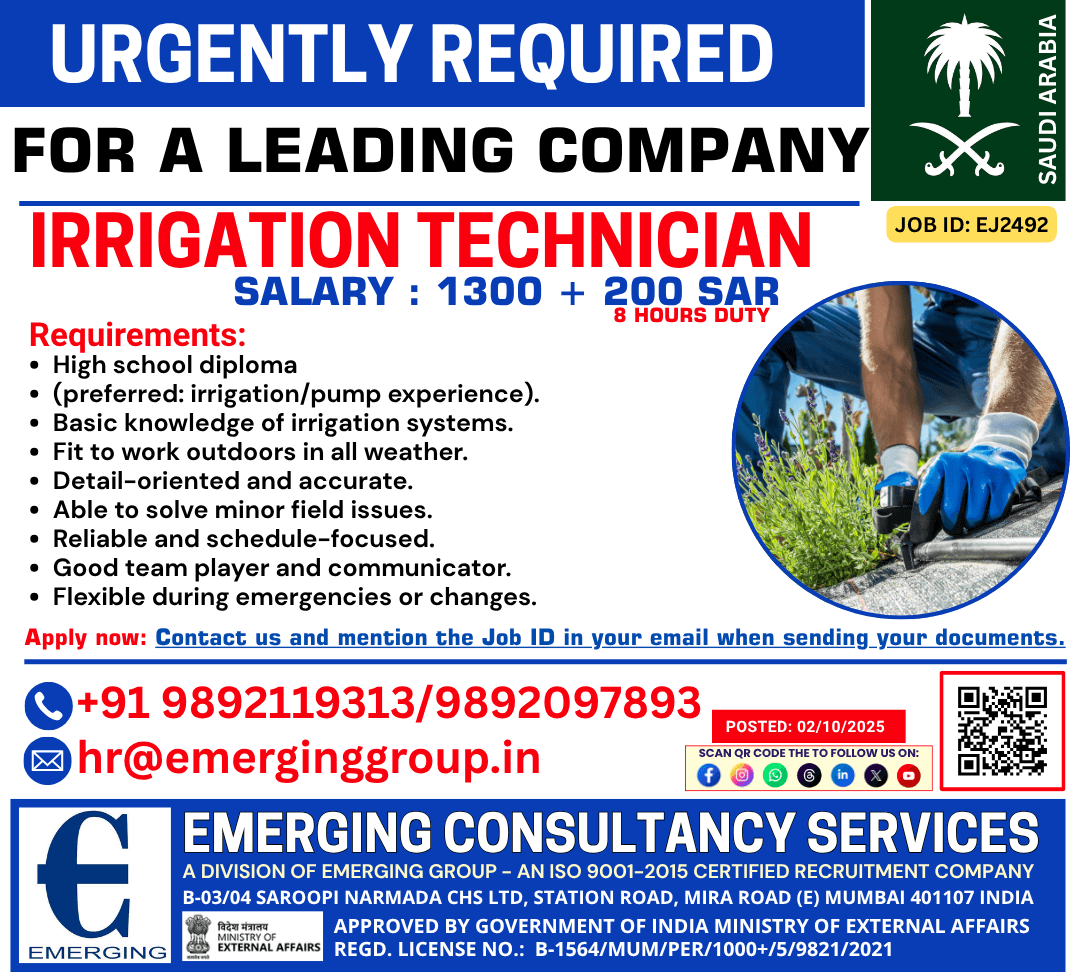 Urgently required Irrigation Technician