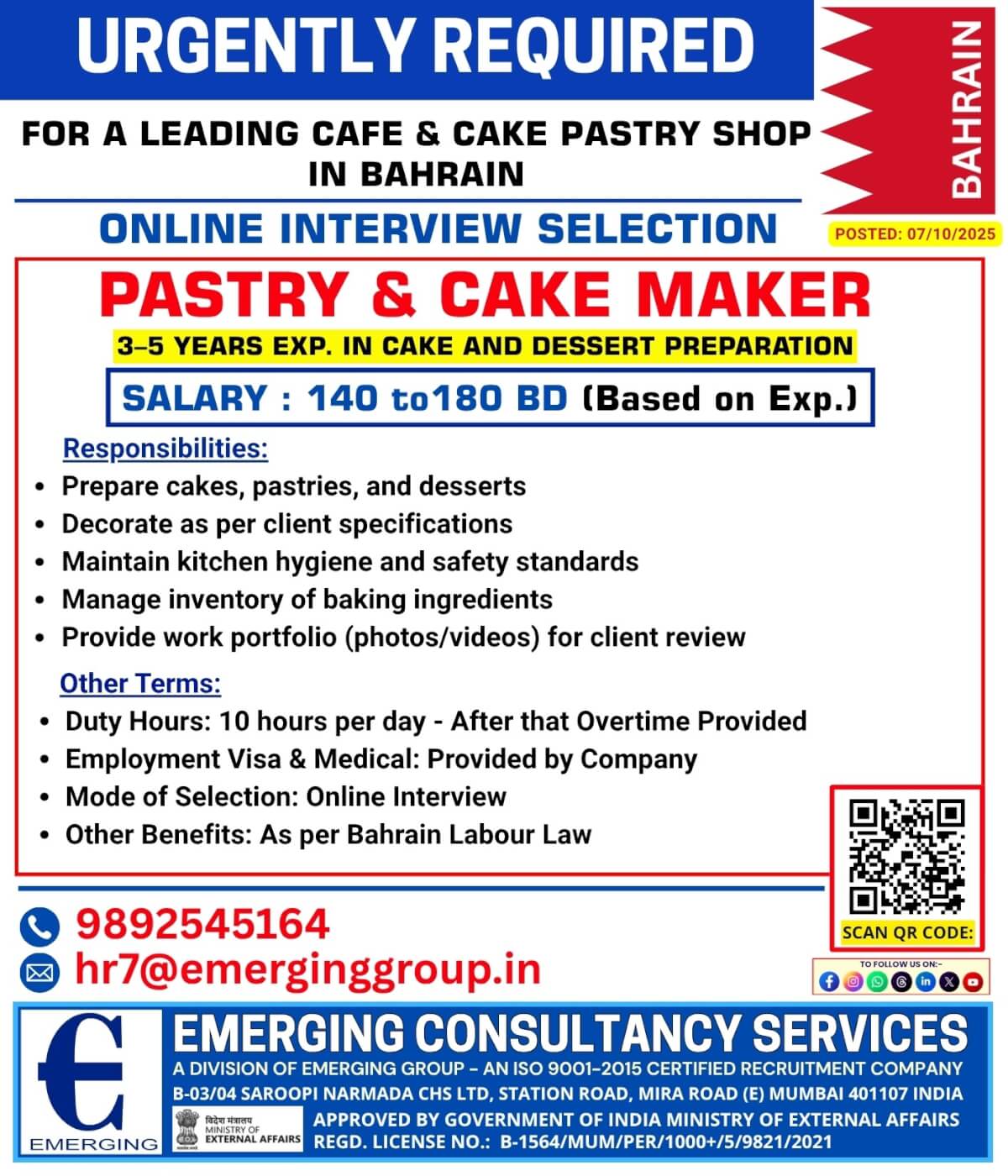 Pastry & Cake Maker  3-5 Years Experience in Cake & Dessert Preparation
