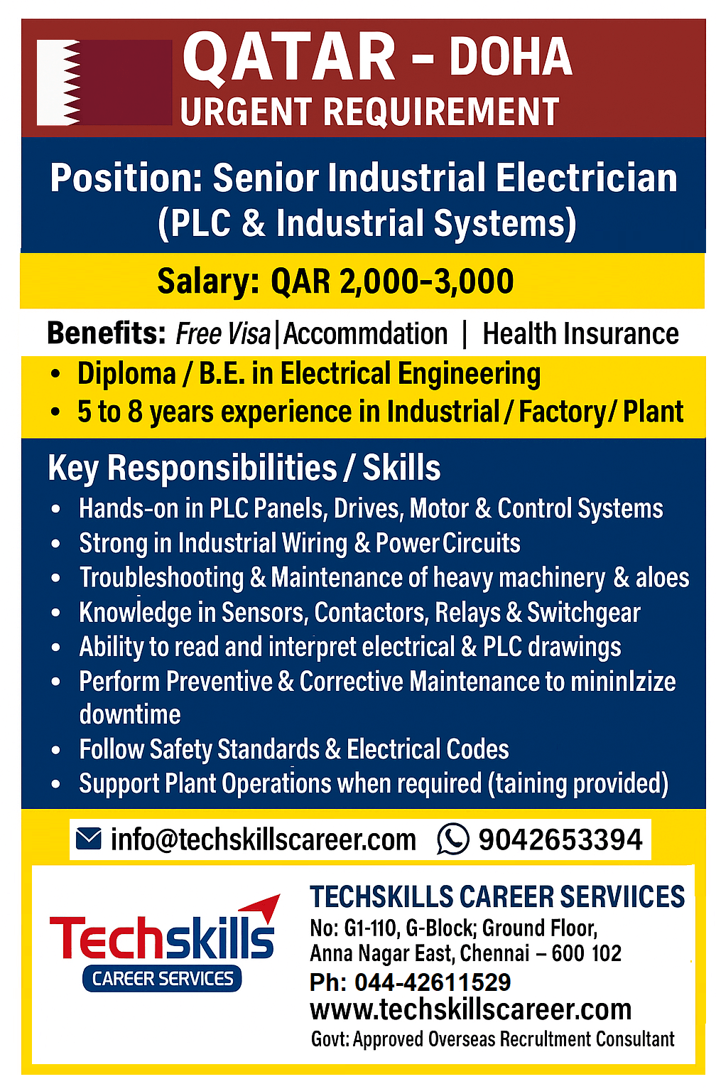 QATAR  DOHA | URGENT REQUIREMENT - Senior Industrial Electrician (PLC & Industrial Systems) Free Visa