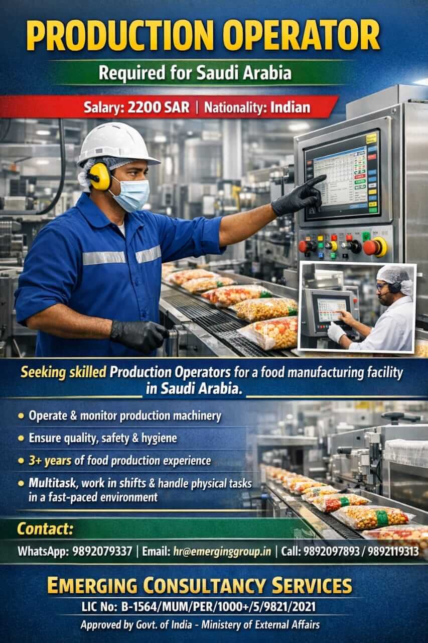 URGENTLY REQUIRED FOR LEADING FOOD MANUFACTURING COMPANY IN SAUDI ARABIA
