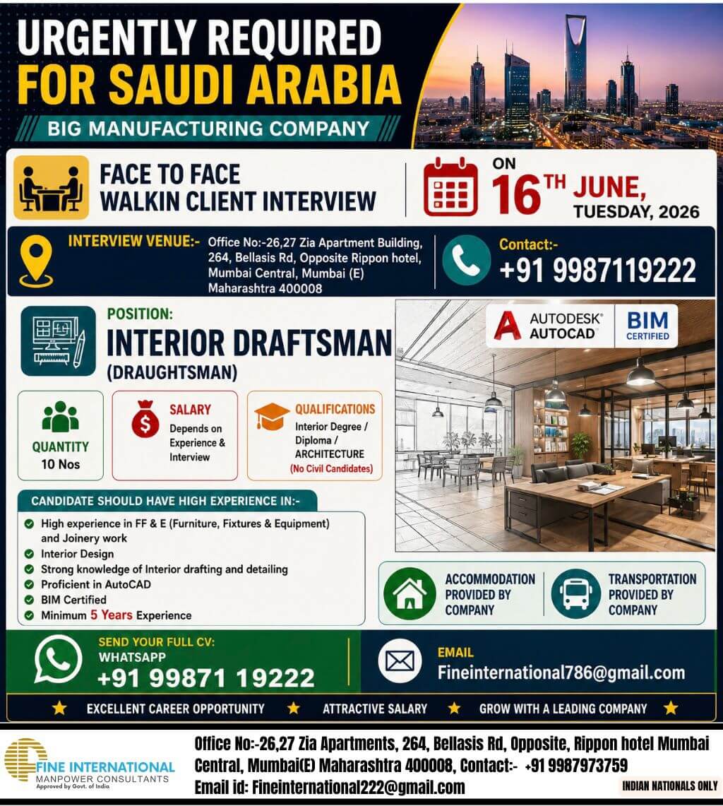 URGENTLY REQUIRED FOR SAUDI ARABIA  BIG MANUFACTURING COMPANY   ? FACE TO FACE WALKIN CLIENT INTERVIEW ON 16th JUNE, TUESDAY, 2026