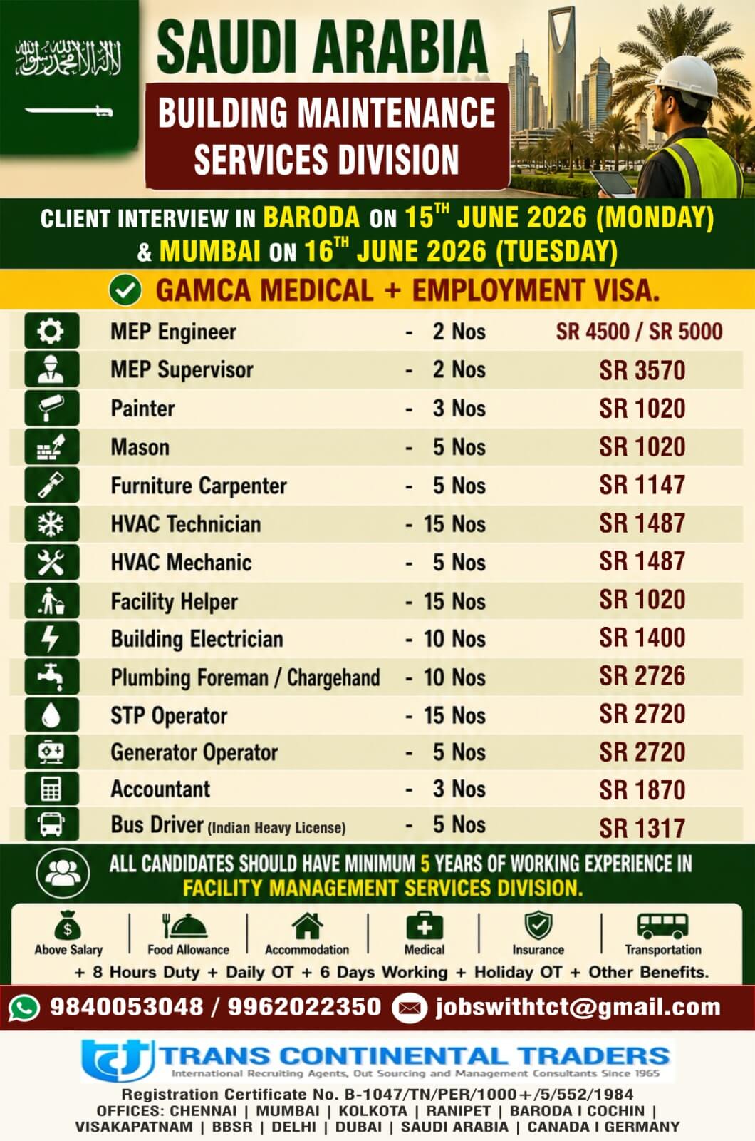 HIRING FOR BUILDING MAINTENANCE SERVICES PROJECT SAUDI ARABIA CLIENT INTERVIEWS IN  VADODARA 15TH JUNE 2026 |MUMBAI 16TH JUNE 2026 APPLY NOW