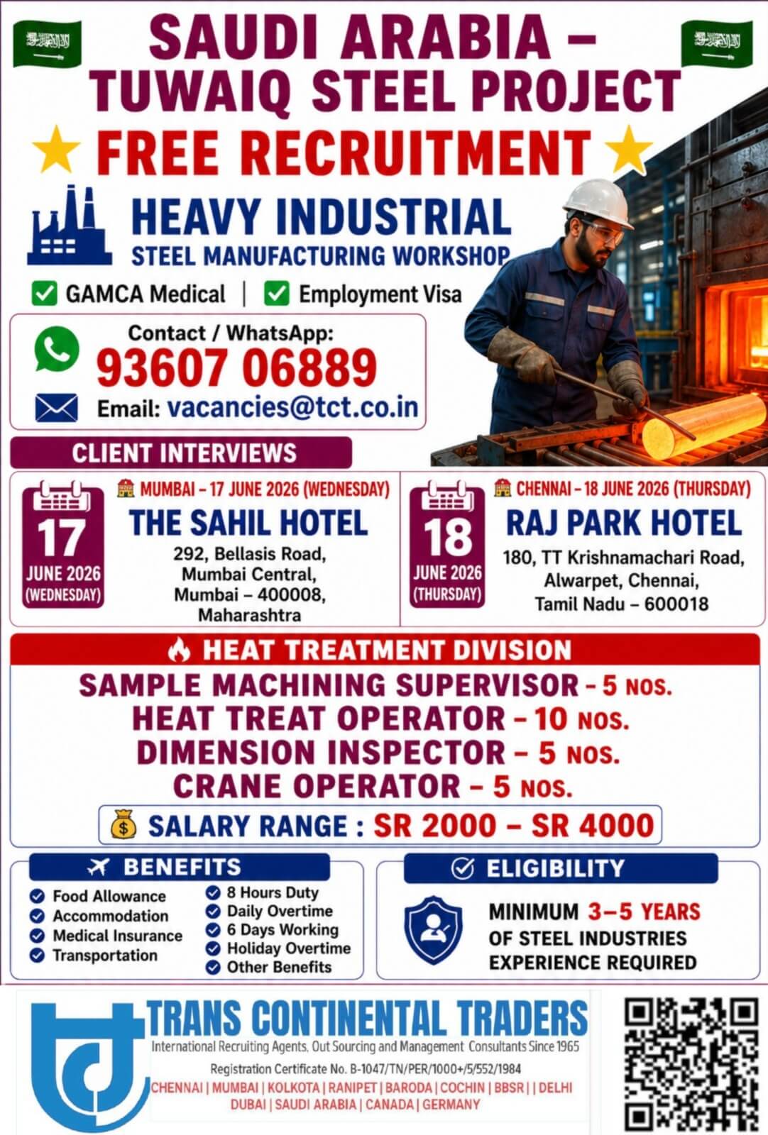 HIRING FOR TUWAIQ STEEL PROJECT SAUDI ARABIA | CLIENT INTERVIEWS IN MUMBAI 17TH JUNE 2026 | CHENNAI 18TH JUNE 2026 CALL MORE INFO 9360706889 | 9962022350