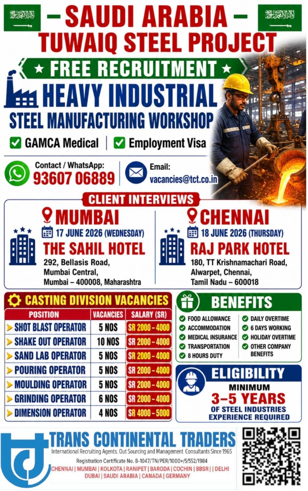 HIRING FOR TUWAIQ STEEL PROJECT SAUDI ARABIA | CLIENT FACE TO FACE INTERVIEWS IN MUMBAI 17TH JUNE 2026 | CHENNAI 18TH JUNE 2026