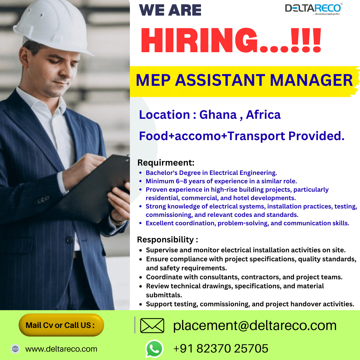 Hiring MEP Assistant Manager for Ghana Africa