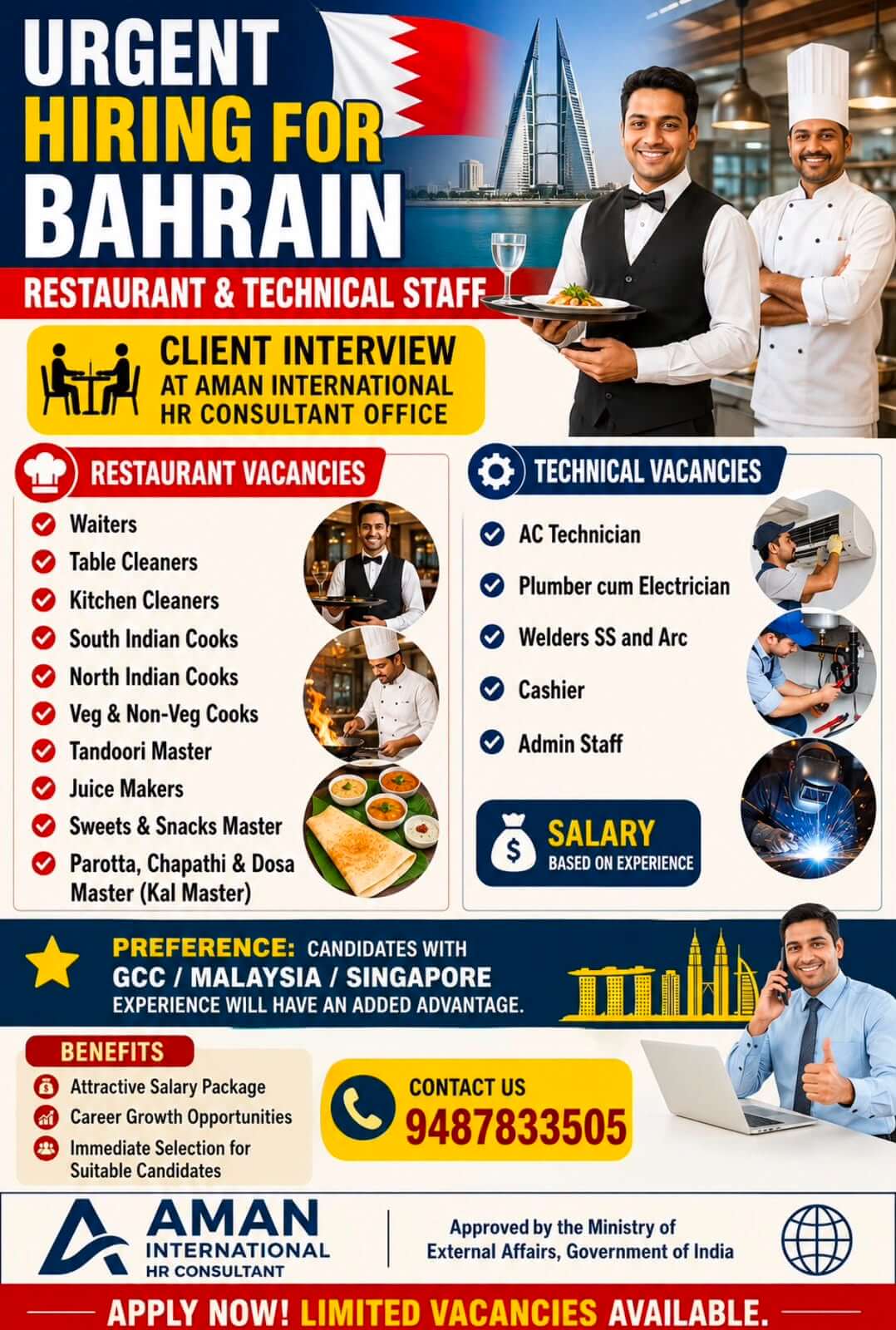 Urgent Hiring for Bahrain  Restaurant & Technical Staff
