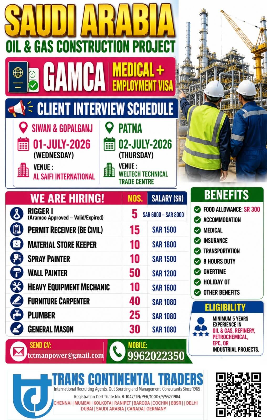 HIRING FOR OIL AND GAS CIVIL CONSTRUCTION PROJECT | CLIENT INTERVIEWS IN MUMBAI 29TH JUNE 2026 |SIWAN & GOPALGANJ 01ST JULY 2026 | PATNA 02ND JULY 2026 CALL FOR MORE DETAILS 9962022350