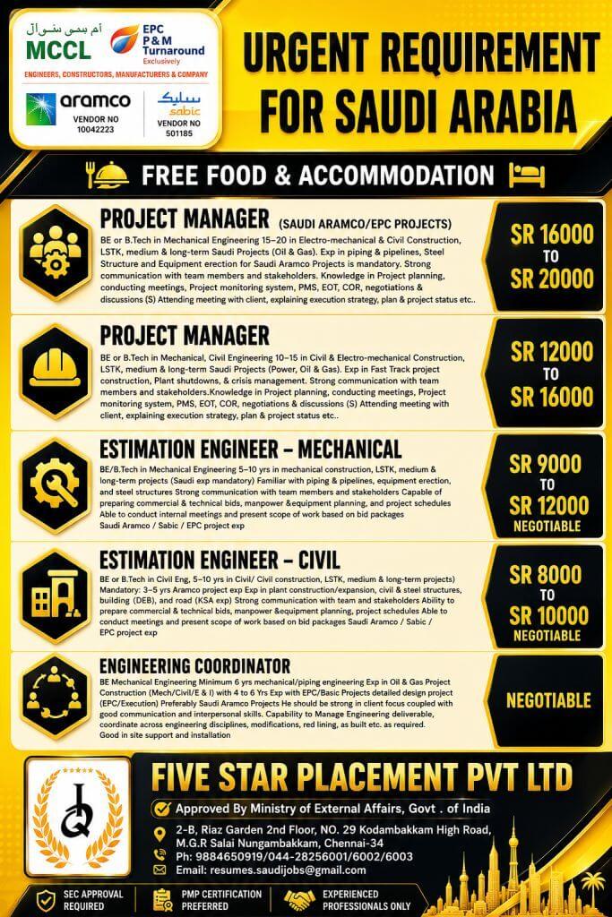 URGENT REQUIREMENT FOR SAUDI ARABIA