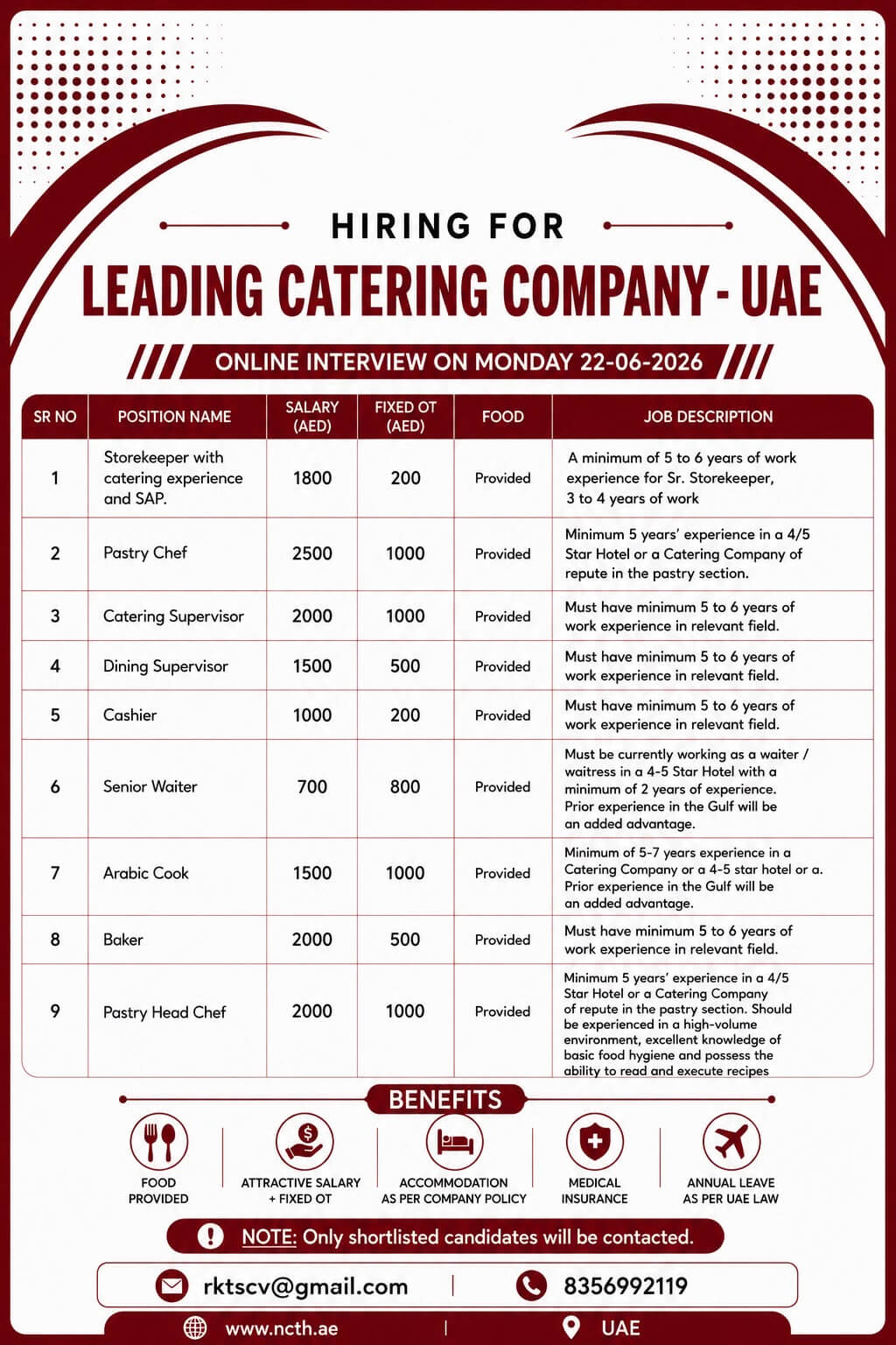 HIRING FOR LEADING CATERING COMPANY-UAE