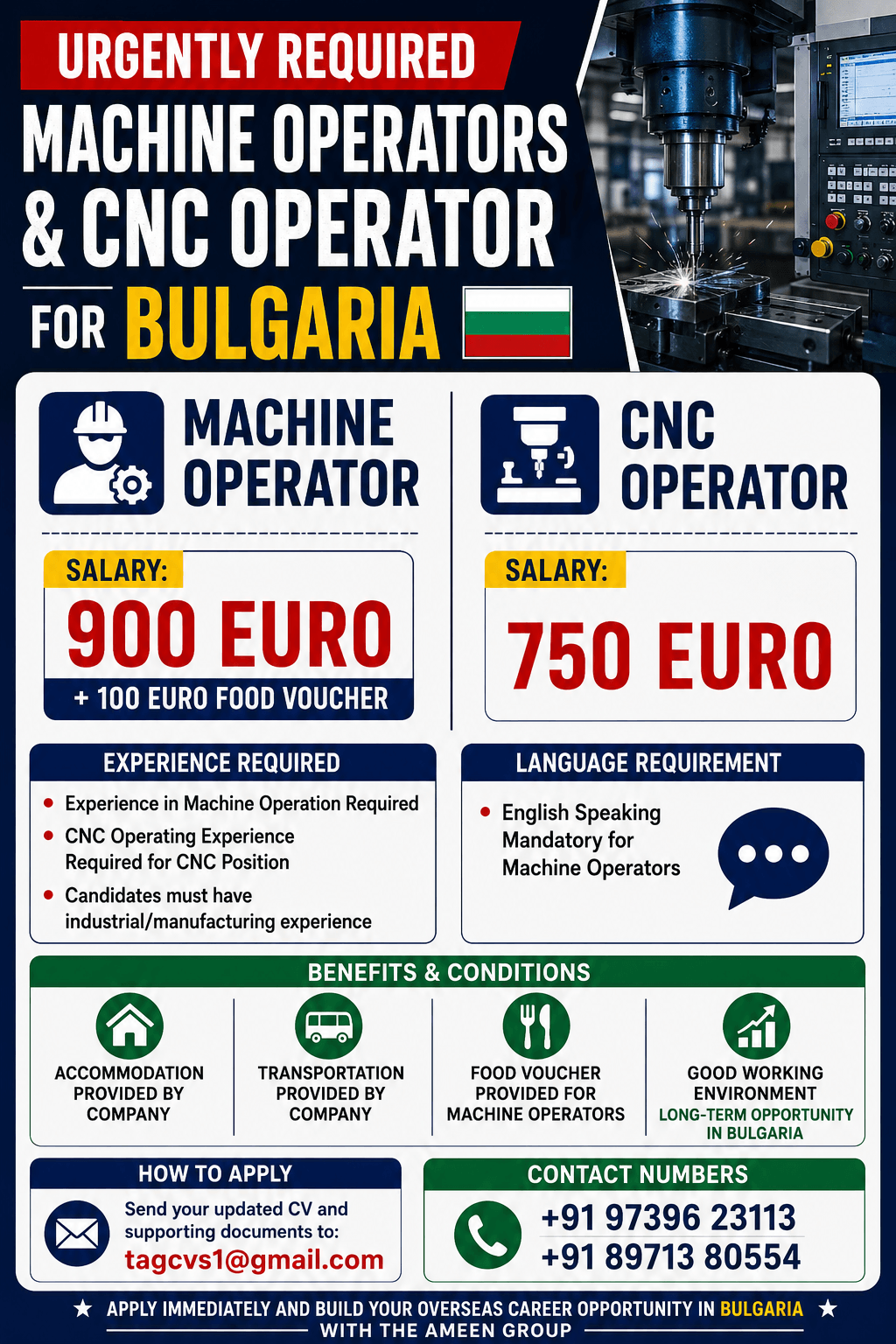 Urgently Required  Machine Operators & CNC Operator for Bulgaria