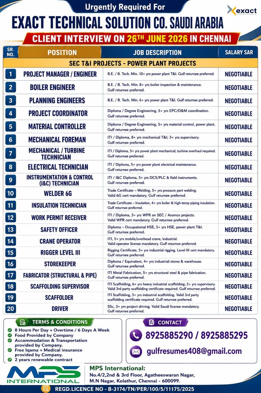 Urgently Required For EXACT TECHNICAL SOLUTION CO. SAUDI ARABIA  CLIENT INTERVIEW ON 26TH JUNE 2026 IN CHENNAI
