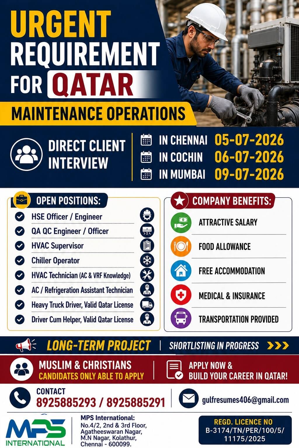 URGENT REQUIREMENT FOR QATAR MAINTENANCE OPERATIONS DIRECT CLIENT INTERVIEW IN CHENNAI  05-07-2026  IN COCHIN  06-07-2026 IN MUMBAI  09-07-2026