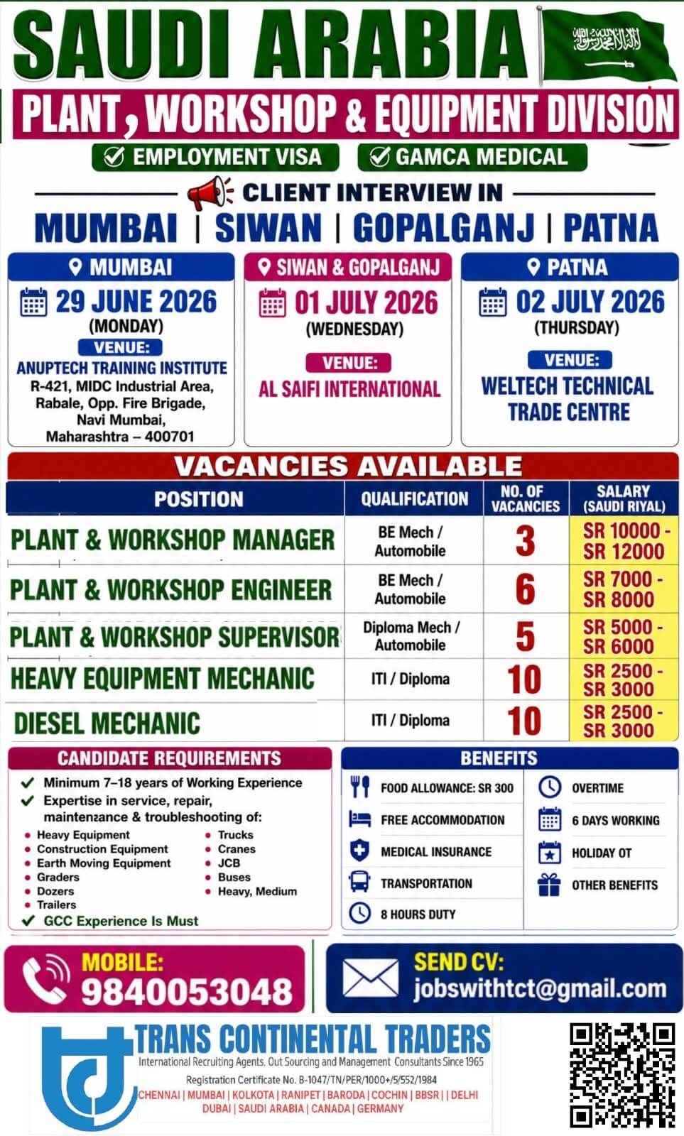 HIRING FOR PLANT ,WORKSHOP & EQUIPMENTS MAINTENANCE DIVISION SAUDI ARABIA | CLIENT INTERVIEWS IN MUMBAI 29 JUNE 2026 | SIWAN & GOPALGANJ 01 JULY 2026 | PATNA 02 JULY 2026 CALL FOR MORE  DETAILS 9791553048