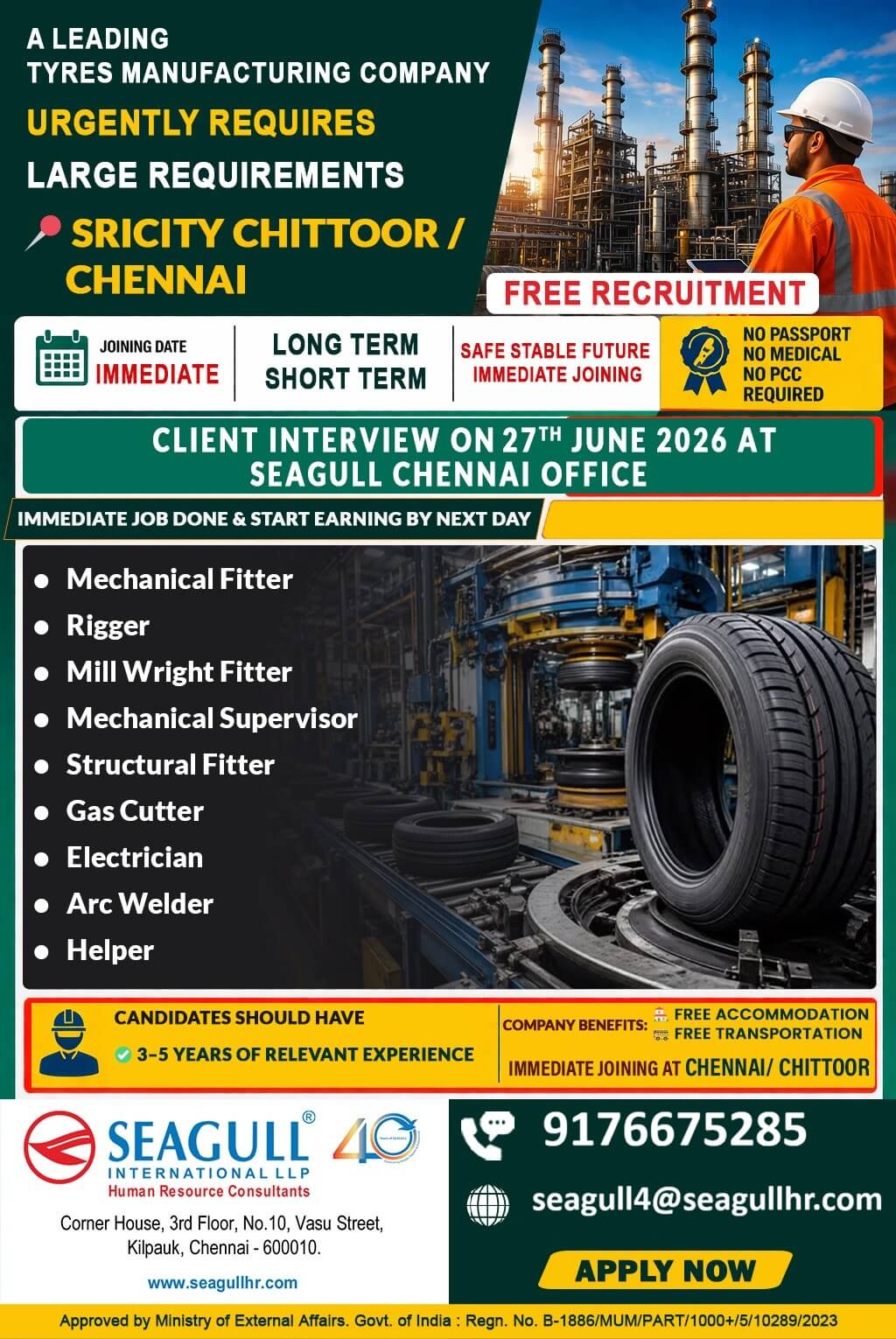 FREE & VERY URGENT REQUIREMENTS FOR APPOLO TYRES AT CHENNAI