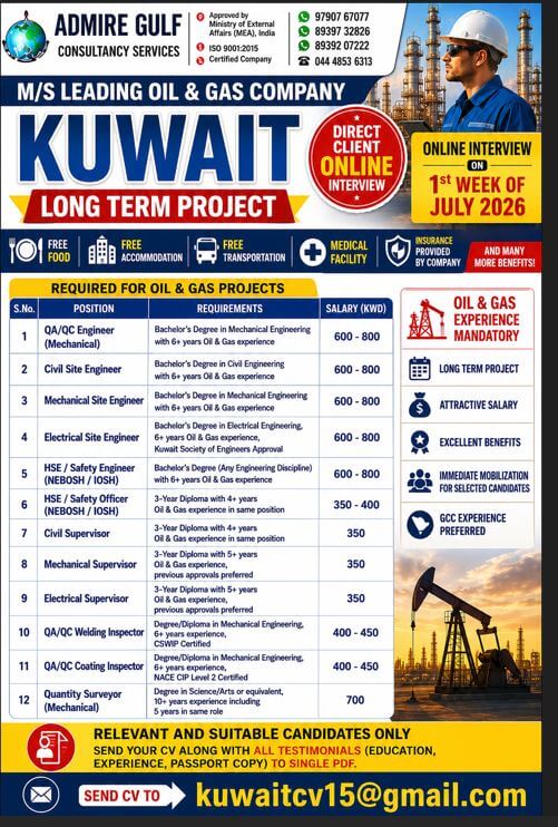 A  LEADING OIL & GAS COMPANY - KUWAIT -LONG TERM DIRECT CLIENT ONLINE INTERVIEW ON 1ST WEEK OF JULY 2026