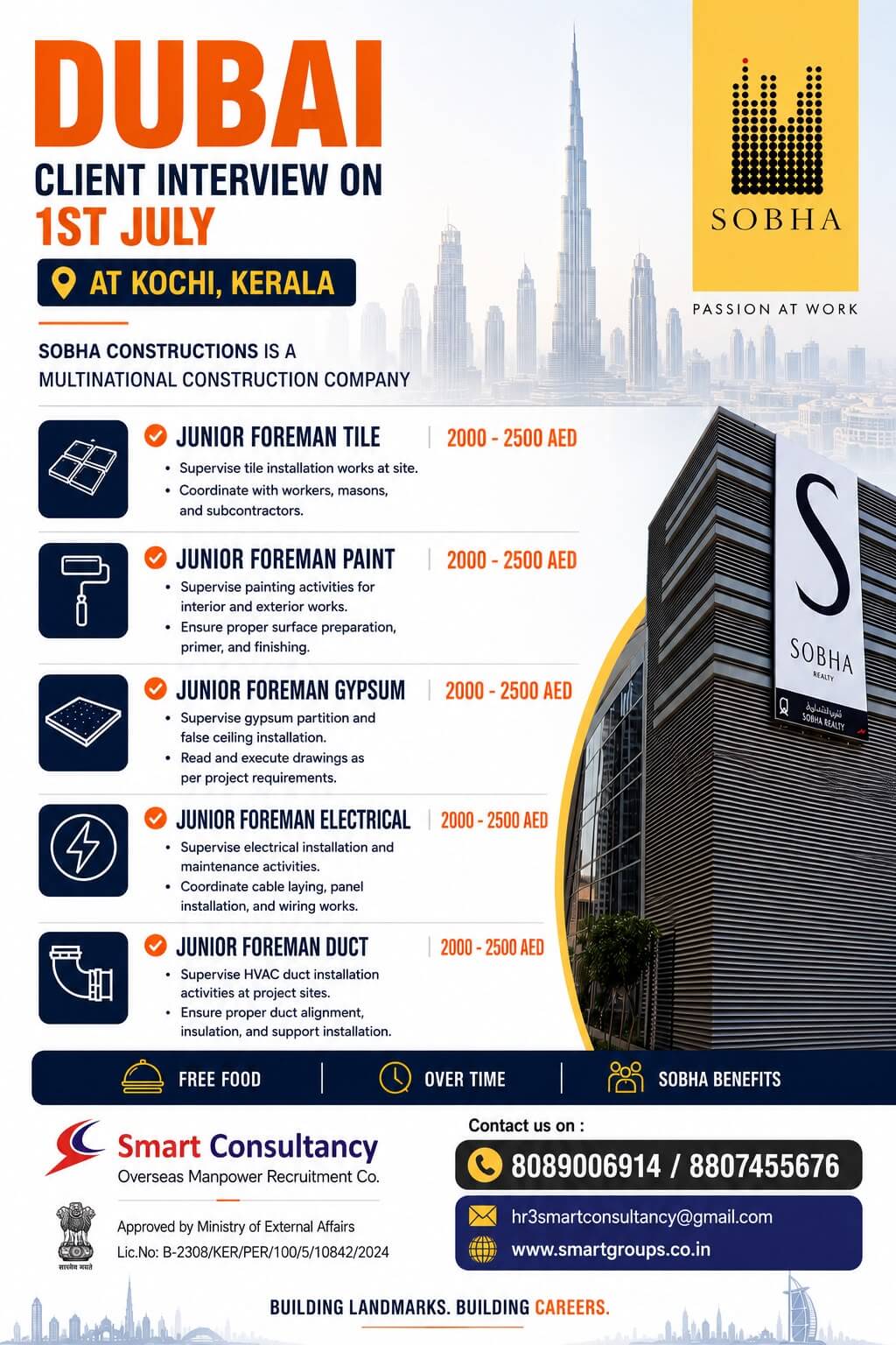 WE ARE HIRING FOR SOBHA CONSTRUCTIONS - DUBAI, DIRECT CLIENT INTERVIEW ON 1ST JULY AT KOCHI